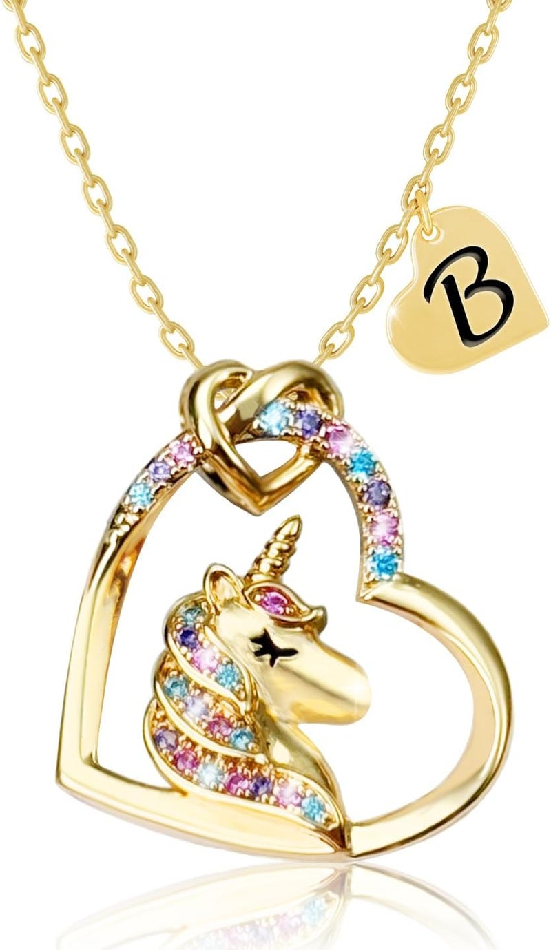 PYXC Valentines Day Gifts - Unicorn Necklace Gifts for Girls, Gold CZ Heart Unicorn Jewelry Initial Girls Birthday Colorful Heart Necklace Birthday present - Image 1